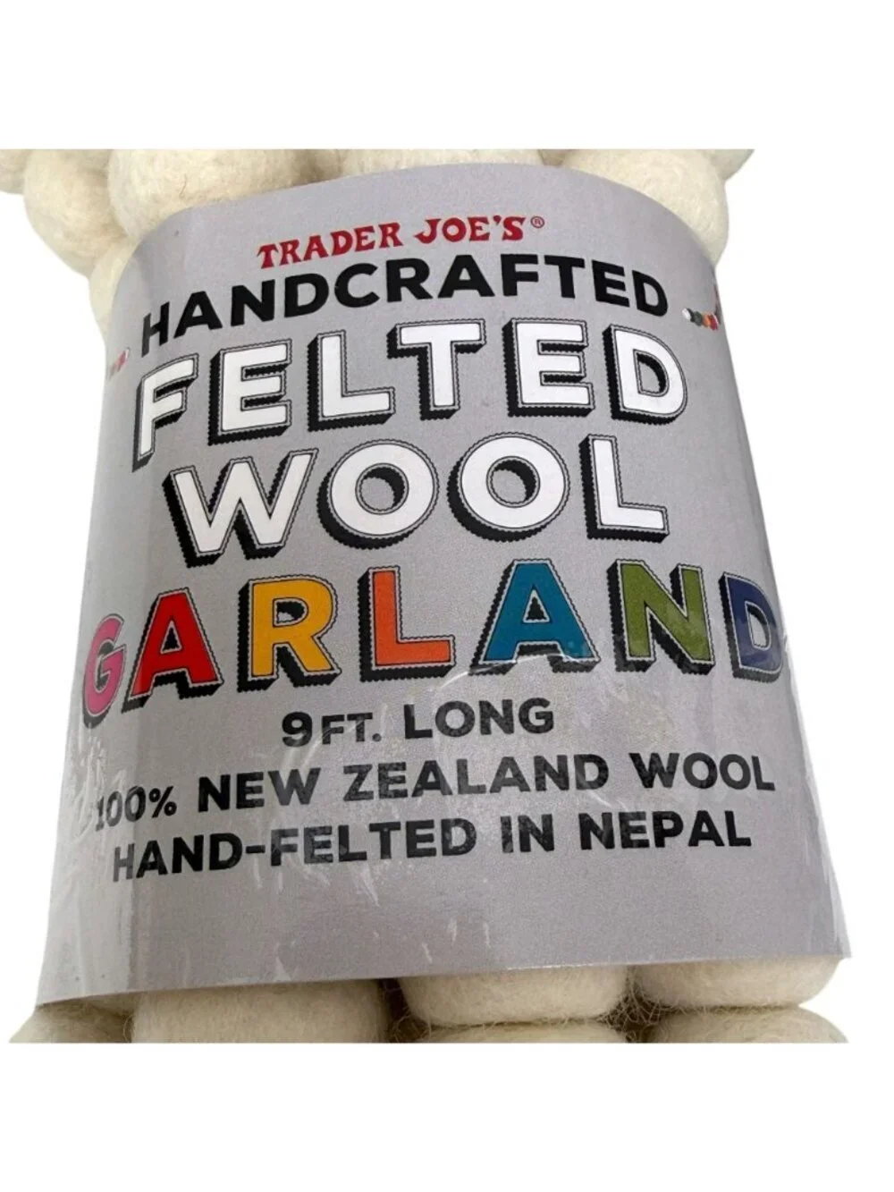 Trader Joe's Felted Wool Garland 9 ft White Cream Rustic Farmhouse Holiday Decor